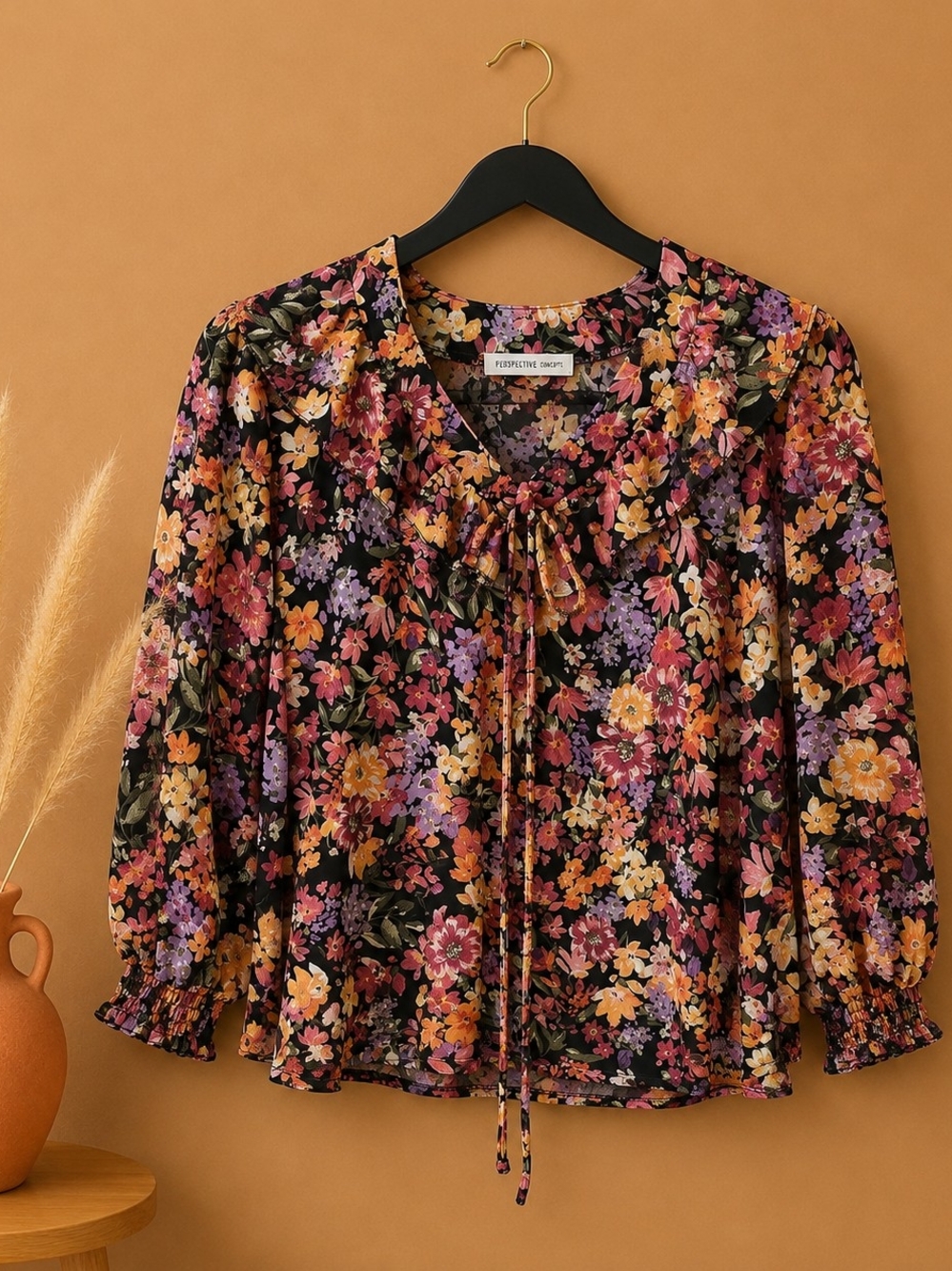 PerSeption Concept Black Floral Tie-Front Blouse